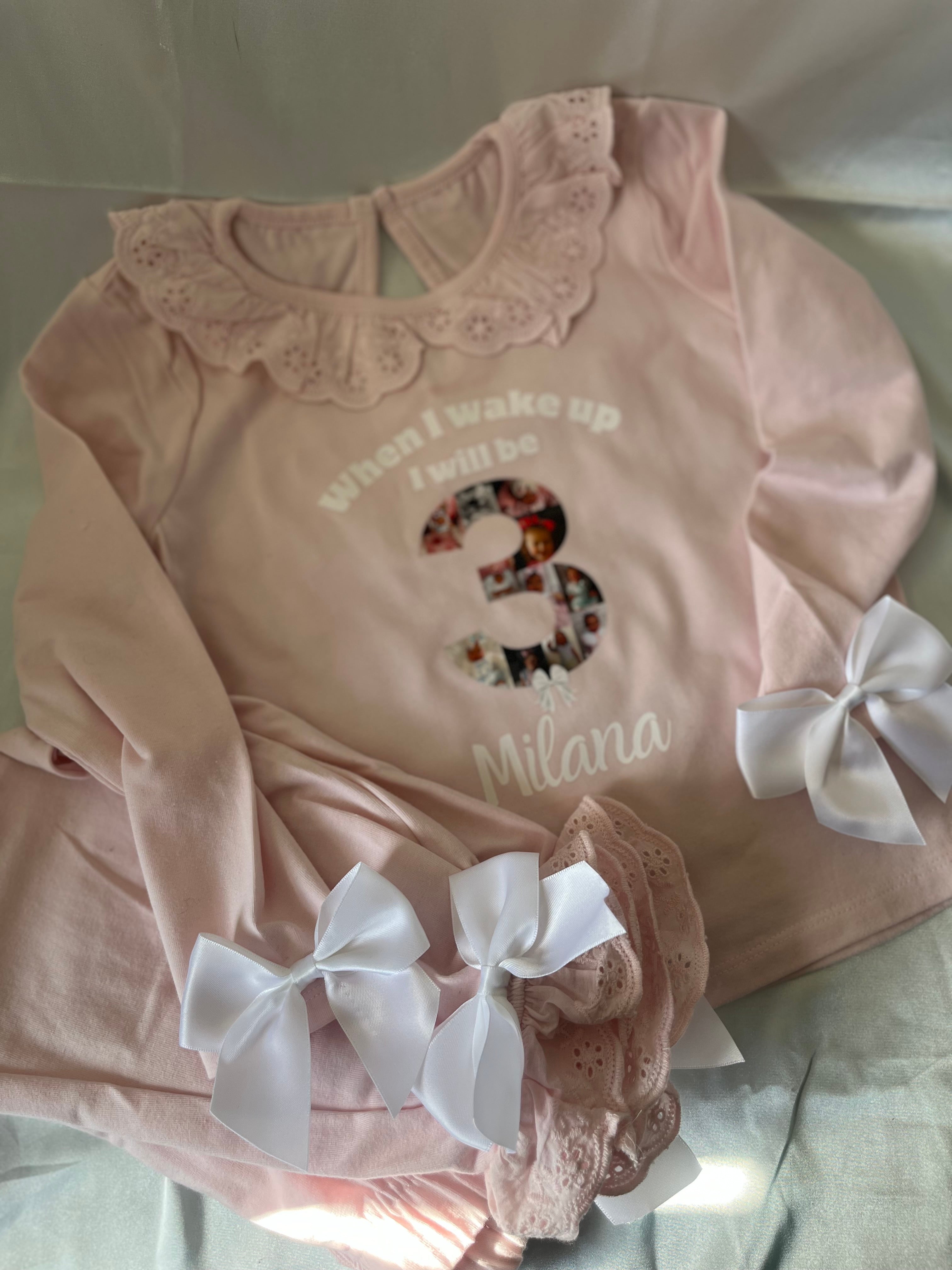 Personalised When I Wake Up Frill Pyjamas with Pink Bow Accents Custom Design for Birthday Loungewear Nightwear