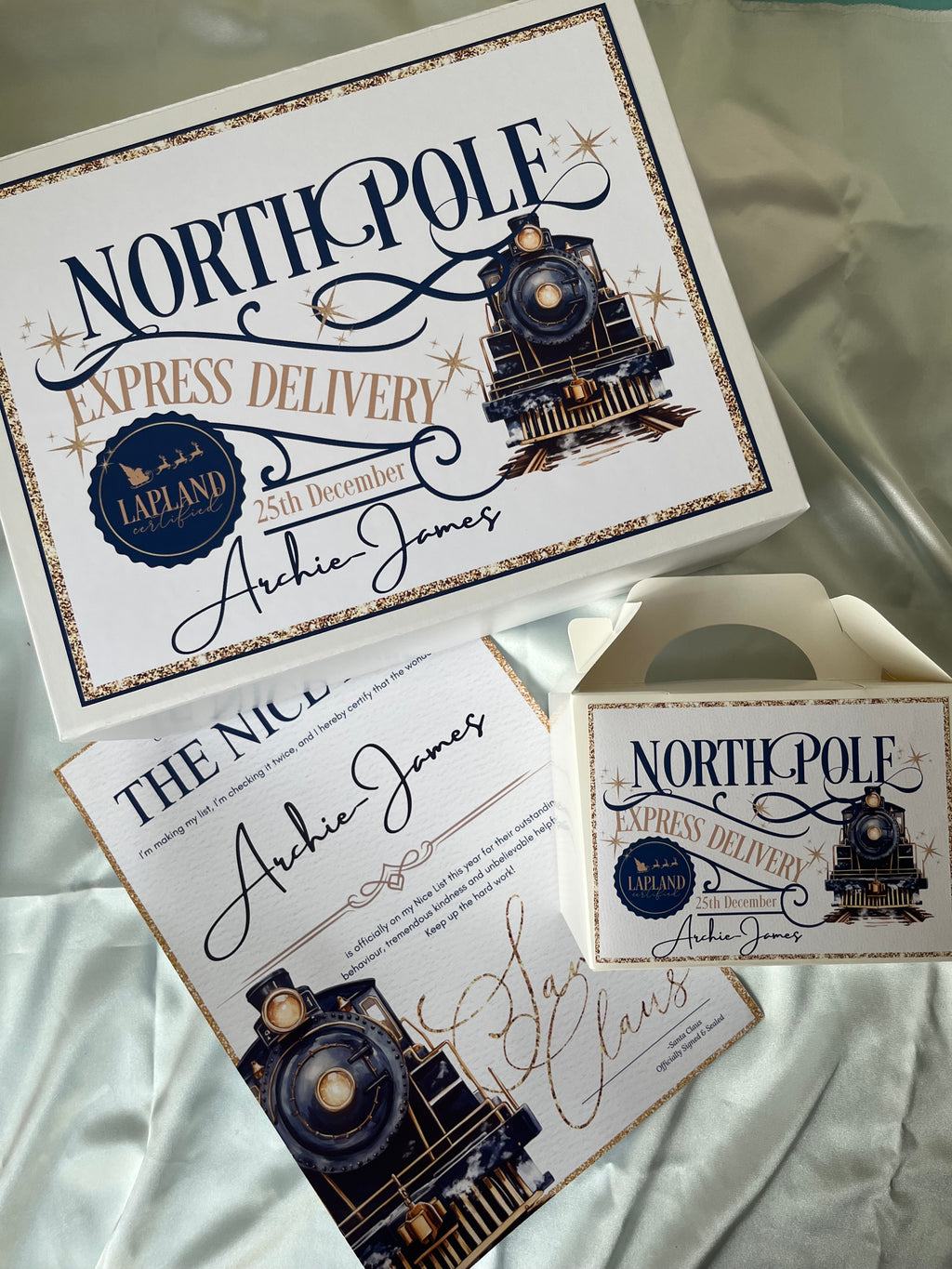 North Pole Express Delivery Christmas Eve Box, Treat Box and Nice List in Train Design pink or blue