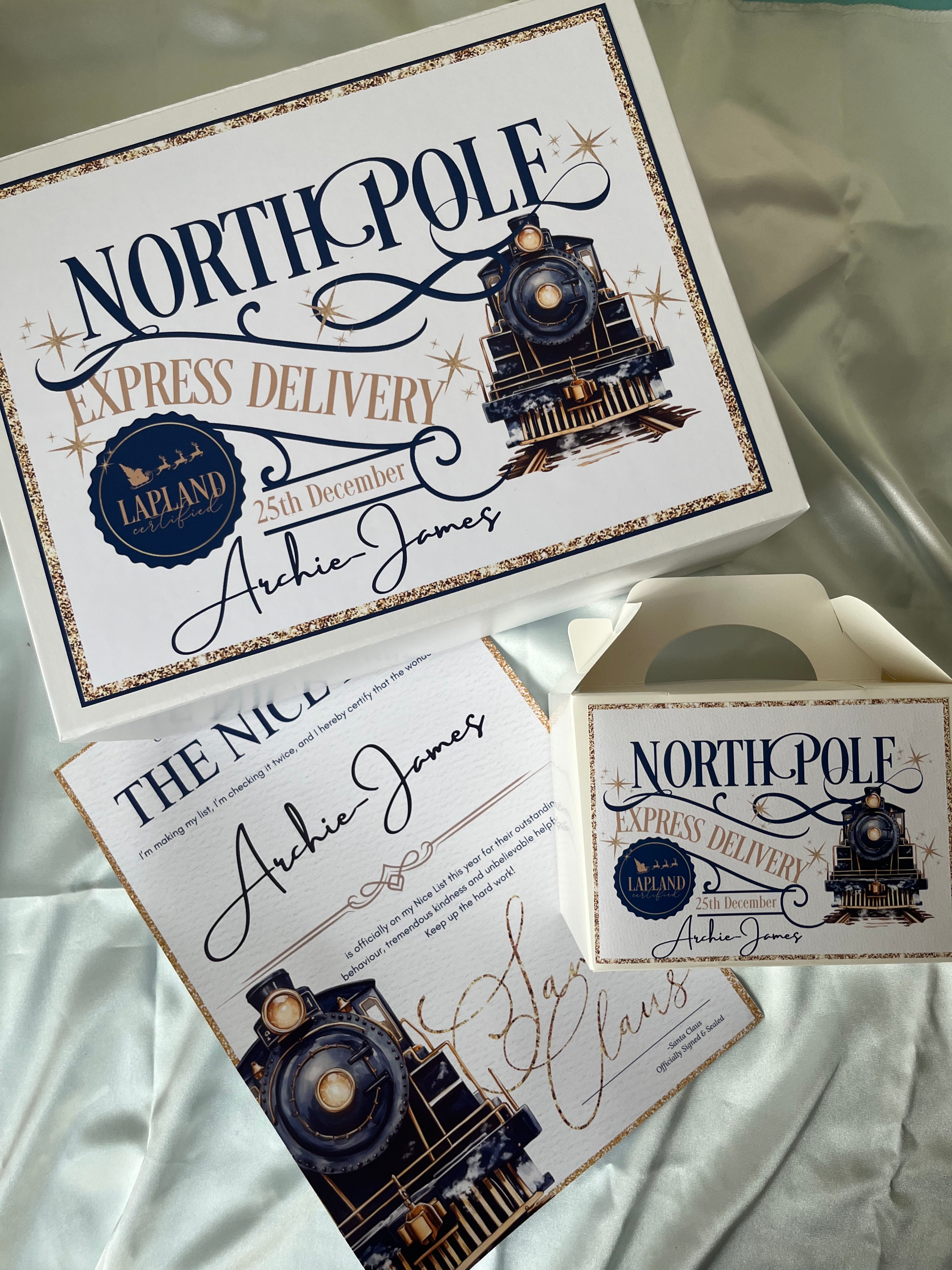 North Pole Express Delivery Christmas Eve Box, Treat Box and Nice List in Train Design pink or blue