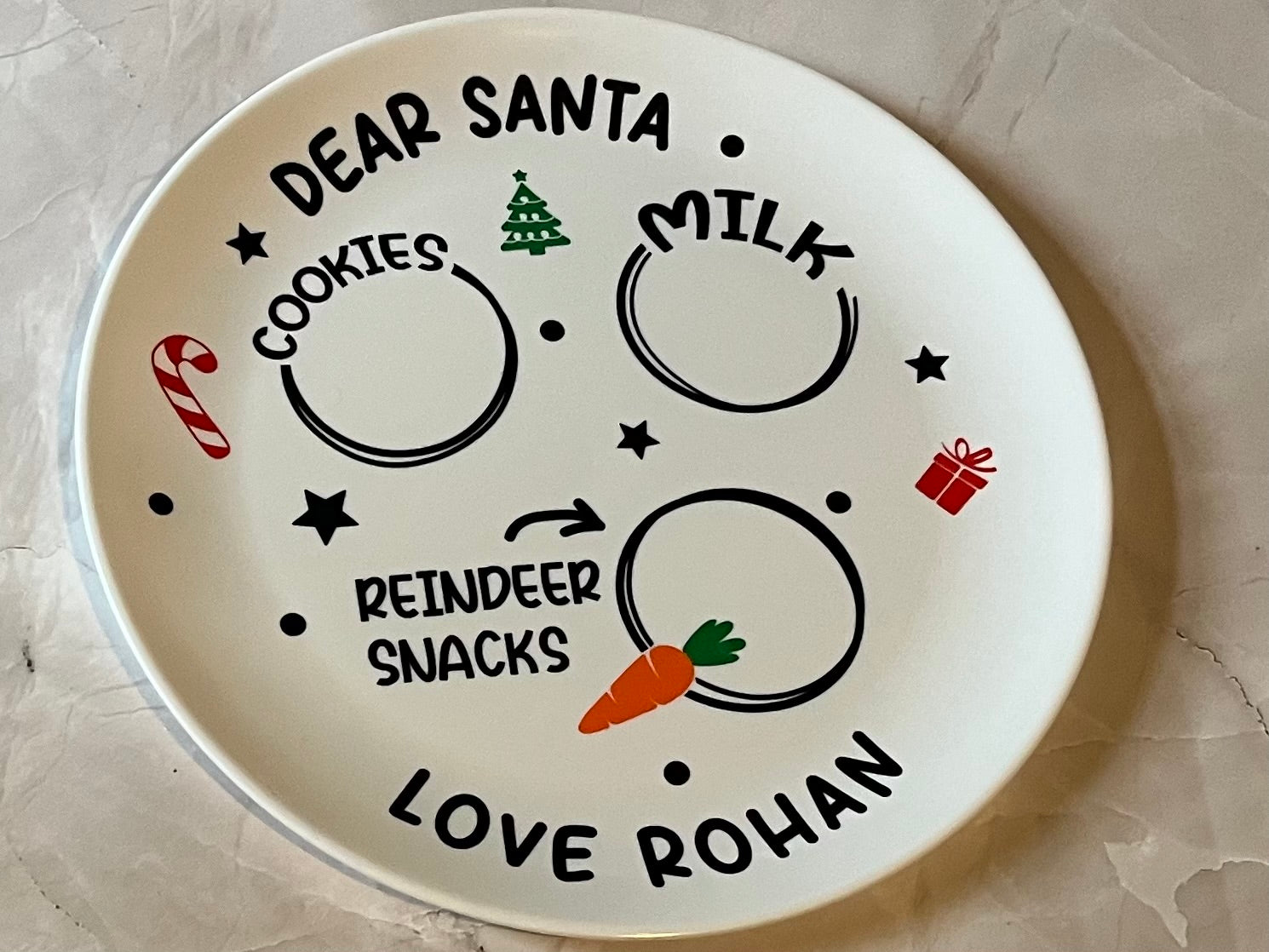 Personalised Christmas Eve Plastic Plate - Dear Santa Cookies Milk Reindeer Snacks Love your name Design