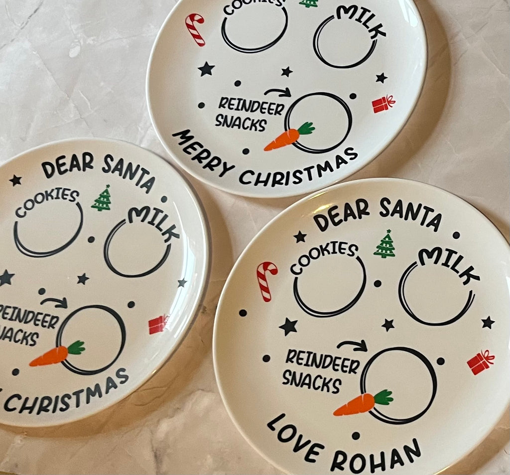 Personalised Christmas Eve Plastic Plate - Dear Santa Cookies Milk Reindeer Snacks Love your name Design
