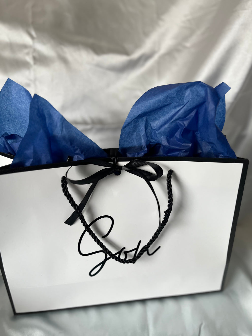 Personalised Gift Bag with Elegant Black Bow and Choice of Coloured Tissue Paper Perfect for Special Occasions