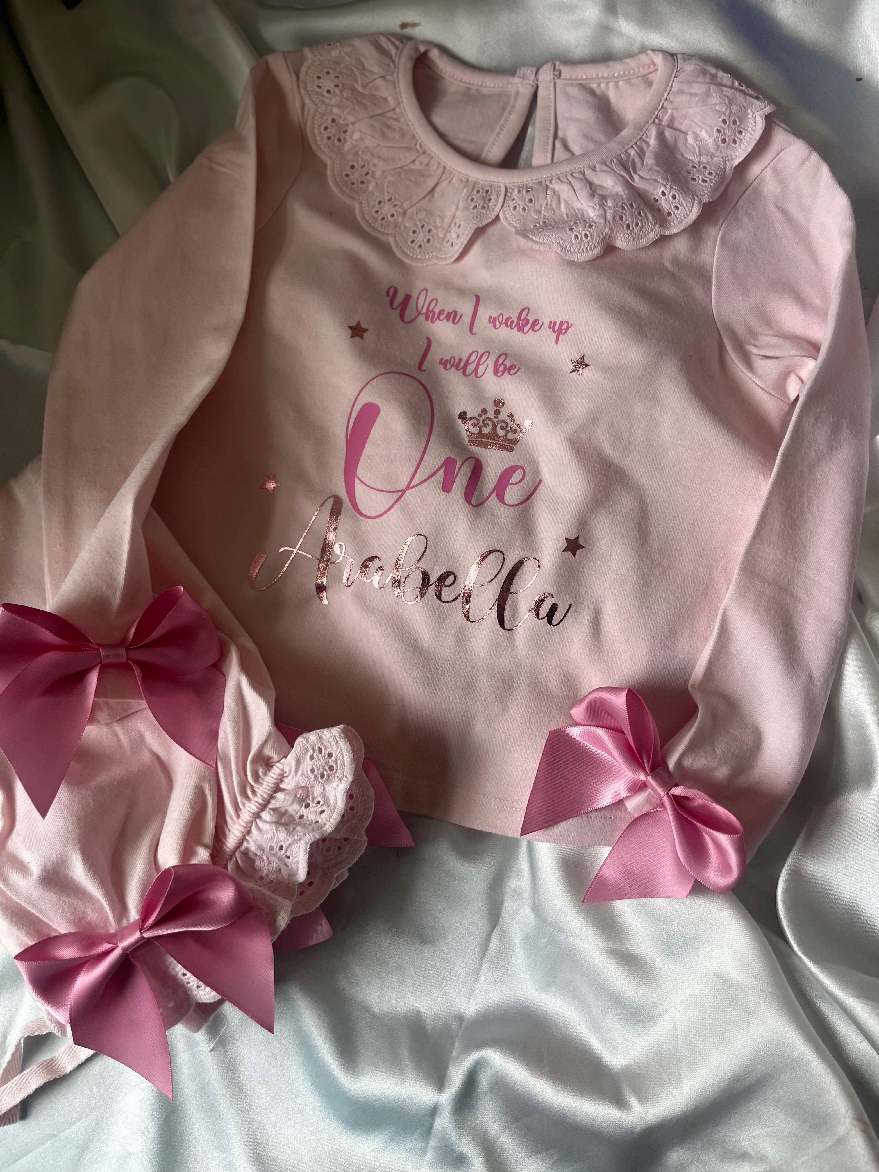 Personalised pink frill pyjamas with bows