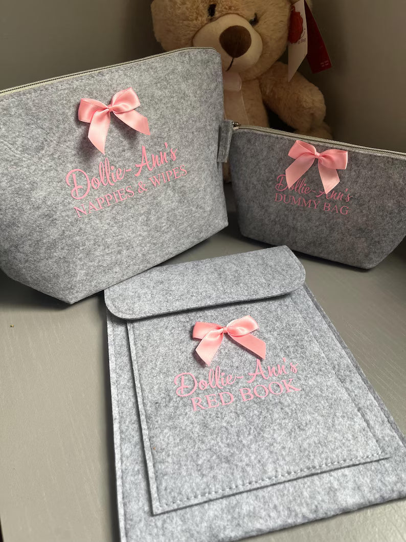 Personalised Nappy Bag Organiser Set: Bow Pouch & Red Book Cover