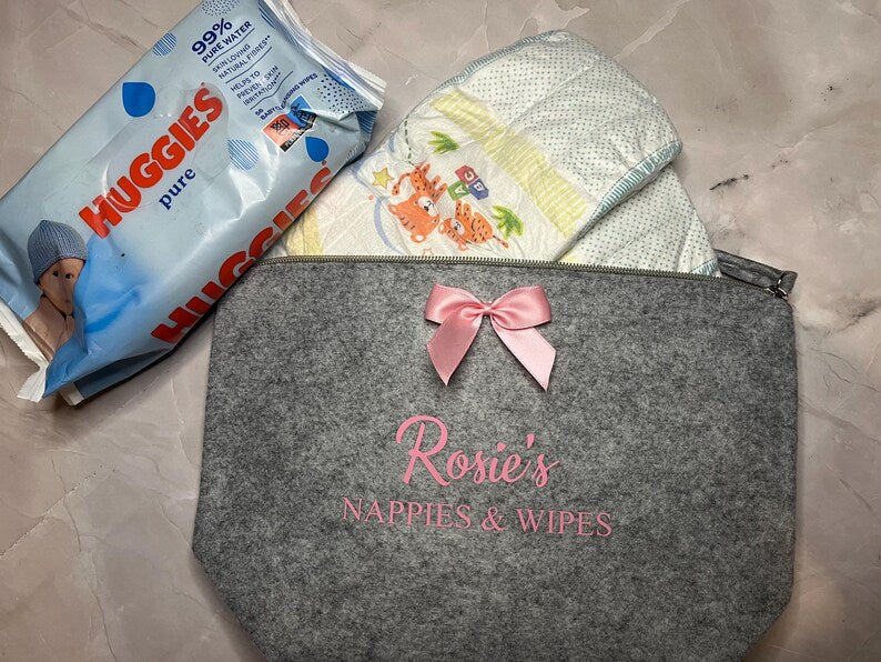 Personalised Nappy Bag Organiser Set: Bow Pouch & Red Book Cover