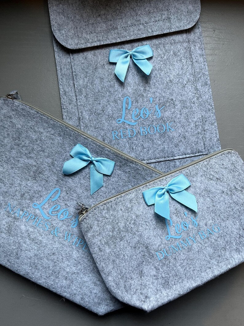 Personalised Nappy Bag Organiser Set: Bow Pouch & Red Book Cover